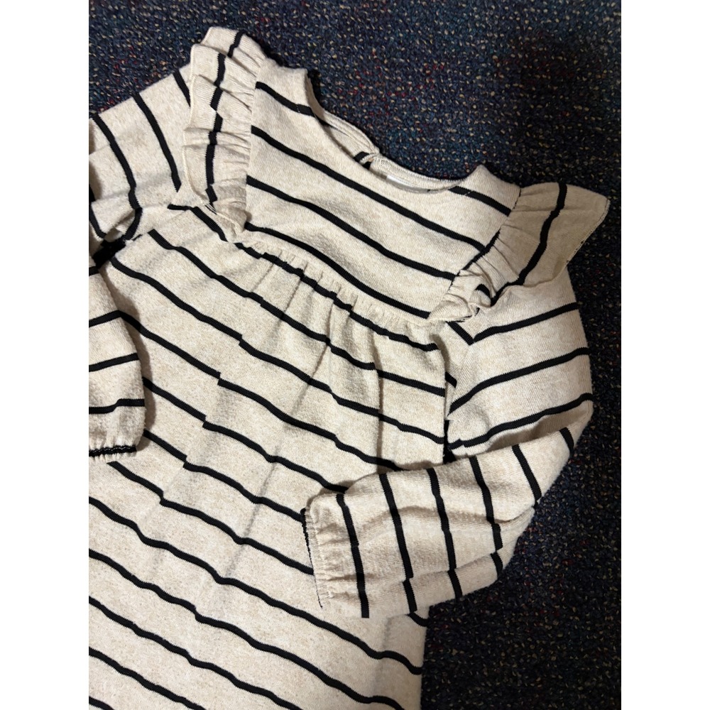Zara Kids Striped Ruffle Shoulder Long Sleeve Dress Beige Black Size 3-4 Years